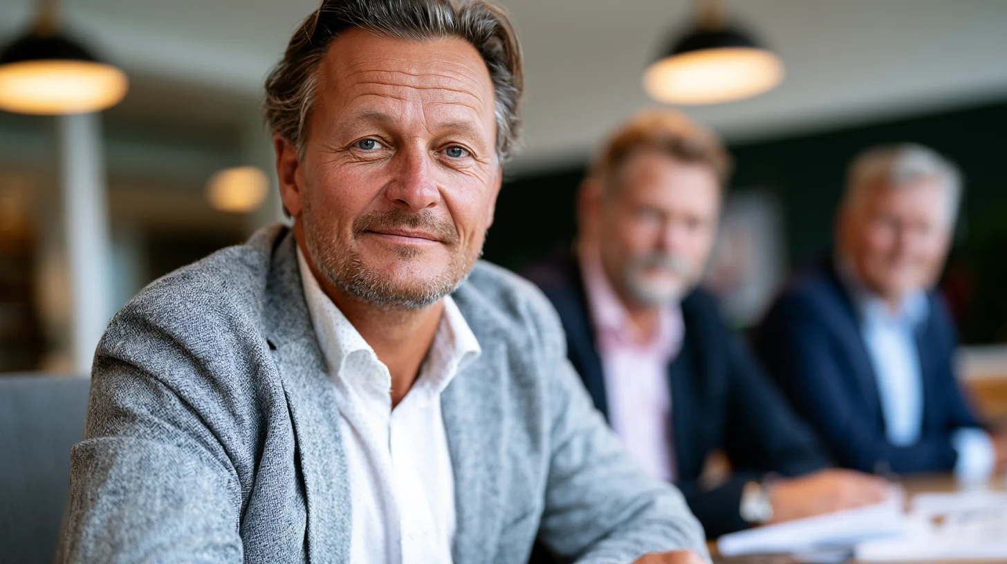 Virksomhedsejer i møde med rådgivere om erhvervslån